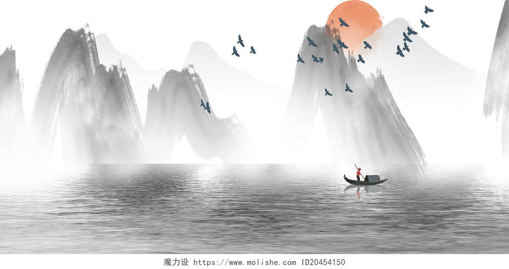 中国风水墨山水风景原创背景插画素材背景展板背景